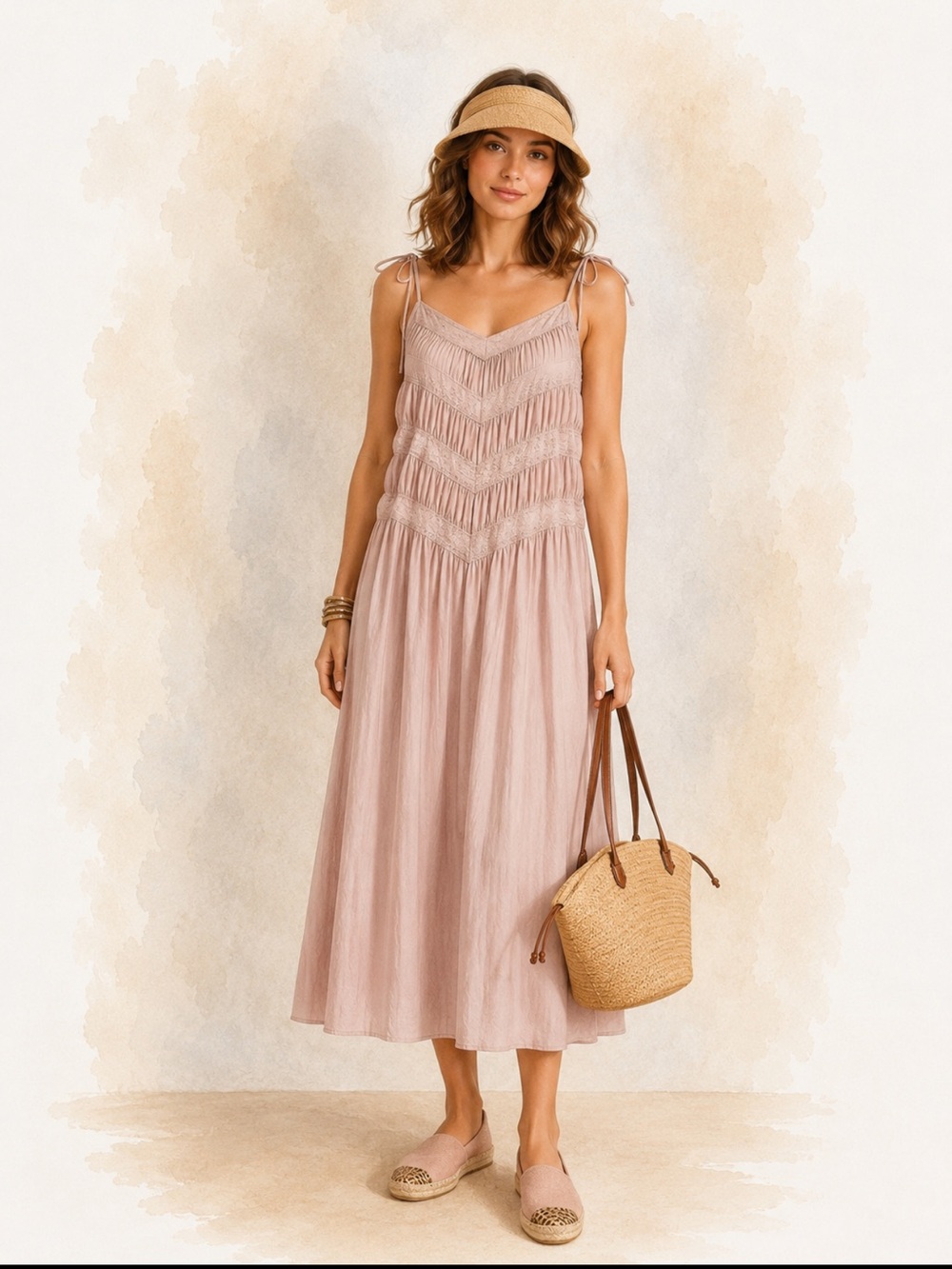 Blush Pink Smocked Tie Strap Midi Sundress L
